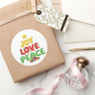 Pegatina Redonda Alegría Adorable Amor Paz Árbol de Navidad Festivo