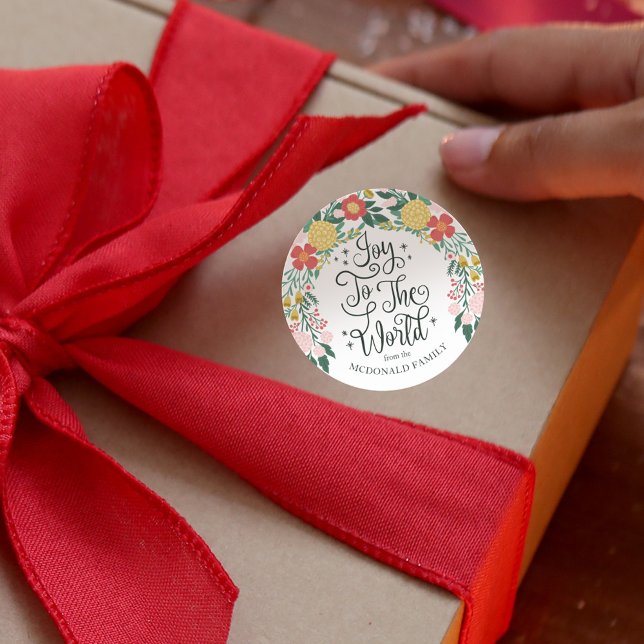 Pegatina Redonda Alegría Al Jardín Floral Mundial Elegante (Joy To The World Floral Garden Elegant Classic White Round Sticker)