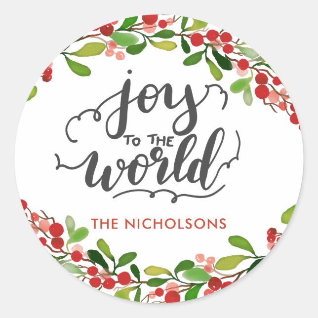 Pegatina Redonda Alegría Al Mundo | Wreath de vacaciones manuscrita (Anverso)