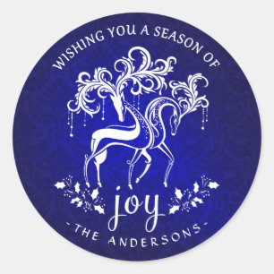 Pegatina Redonda Alegría elegante del reno del navidad - azul y
