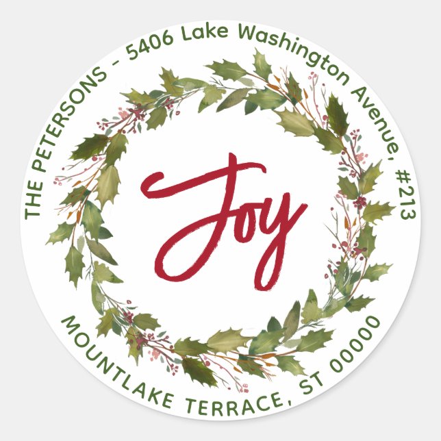 Pegatina Redonda Alegría Navidades Wreath Holly Berries Dirección d (Anverso)