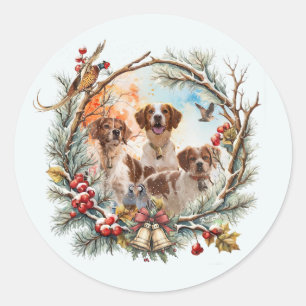Pegatina Redonda Alegría Navideña Con un Brittany Spaniel