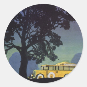 Pegatina Redonda Alemania vintage, autobús amarillo por la noche, a