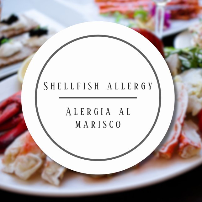 Pegatina Redonda Alergia bilingüe negra y blanca a la concha (Bilingual Shellfish allergy warning sticker, Spanish text, customizable multilingual project)