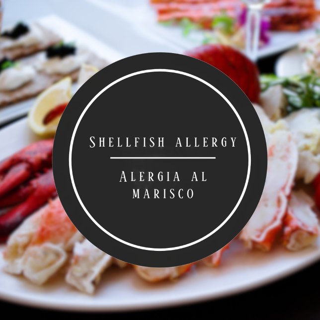 Pegatina Redonda Alergia bilingüe negra y blanca a la concha (Bilingual Shellfish allergy warning sticker, spanish customizable text. Multilingual Project)