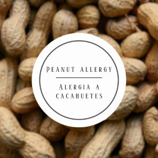 Pegatina Redonda Alerta de alergia a cacahuetes bilingües en blanco