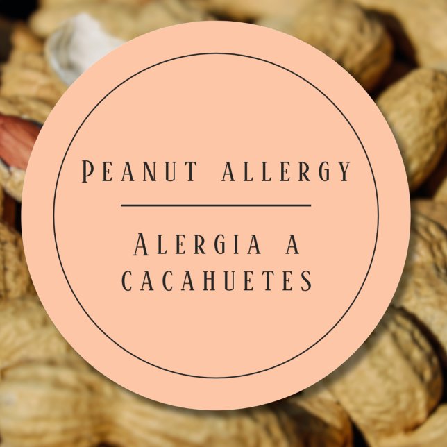 Pegatina Redonda Alerta de alergia al cacahuete bilingüe español (Bilingual Peanut allergy warning button, Spanish text, editable. multilingual project)