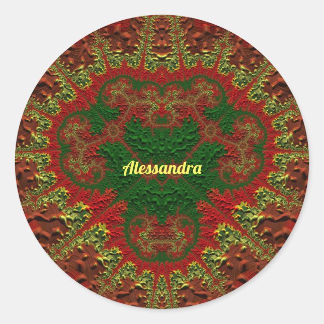 Pegatina Redonda ALESSANDRA BONITO 3D! Oro, rojo y verde ~ (Anverso)