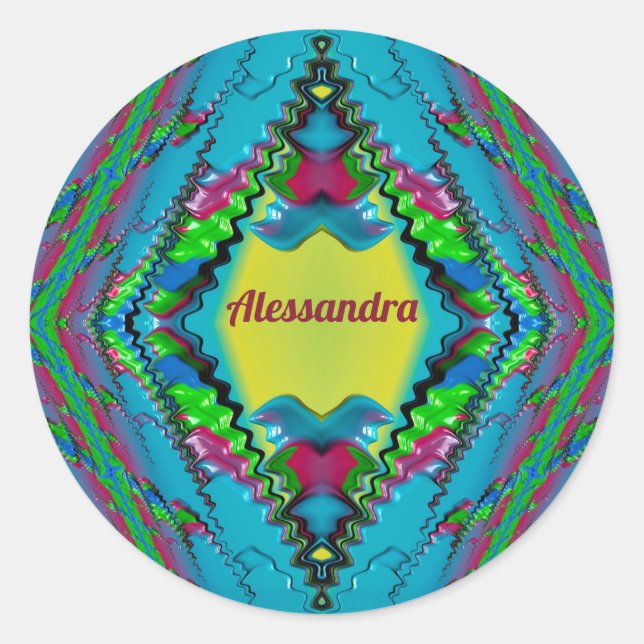 Pegatina Redonda ALESSANDRA~ Fractal azul rosado negro y amarillo ~ (Anverso)