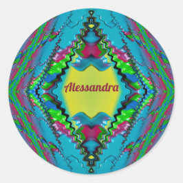 Pegatina Redonda ALESSANDRA~ Fractal azul rosado negro y amarillo ~