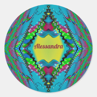 Pegatina Redonda ALESSANDRA~ Fractal azul rosado negro y amarillo ~