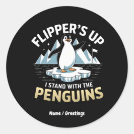 Pegatina Redonda Aletas Divertidas Arriba, De Pie Con Los Pingüinos