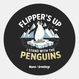 Pegatina Redonda Aletas Divertidas Arriba, De Pie Con Los Pingüinos