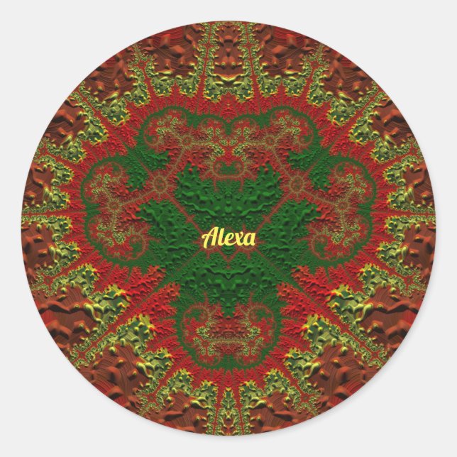 Pegatina Redonda ¡ALEXA BONITO 3D! Oro, rojo y verde ~ (Anverso)