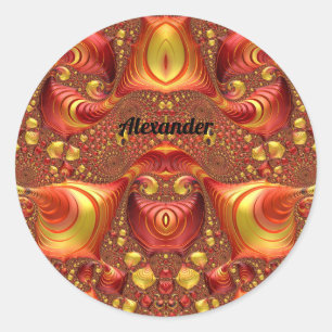 Pegatina Redonda ALEXANDER ~ Diseño fractal rojo marrón amarillo ~
