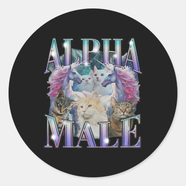 Pegatina Redonda Alfa macho unicornio Cat Ironage (Anverso)