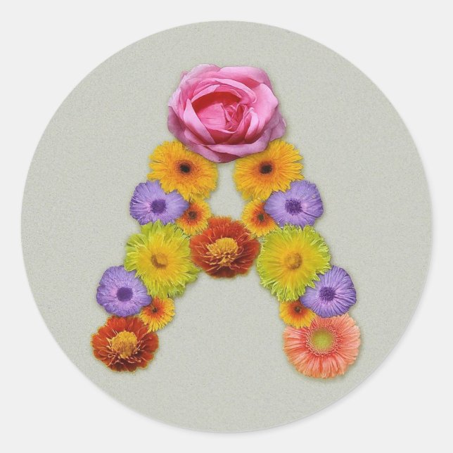 Pegatina Redonda Alfabeto A en la flor (Anverso)