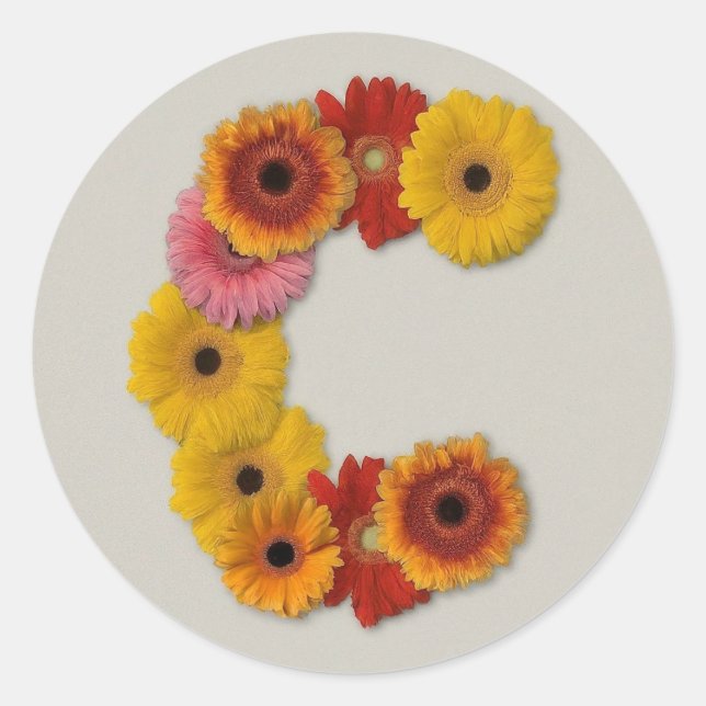 Pegatina Redonda Alfabeto C en flores (Anverso)