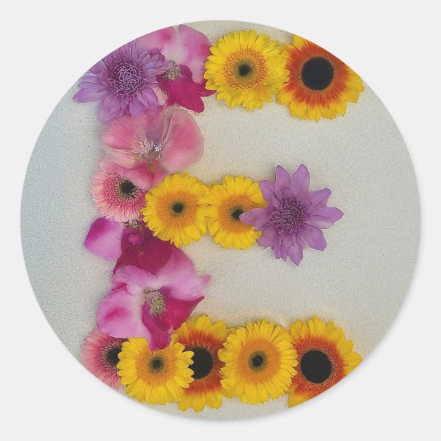 Pegatina Redonda Alfabeto E en flores (Anverso)