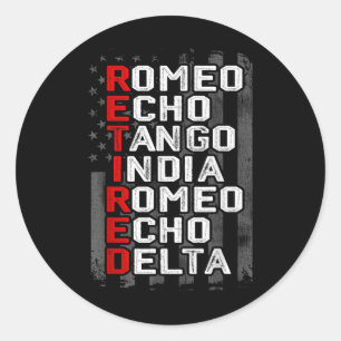 Pegatina Redonda Alfabeto fonético retirado veterano bandera estado