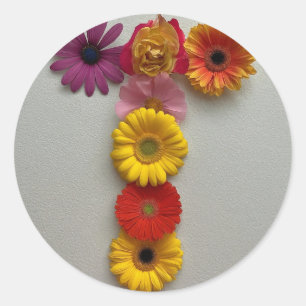 Pegatina Redonda Alfabeto T en flores