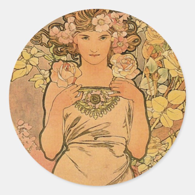 Pegatina Redonda Alfons Mucha ~ El rosa (Anverso)