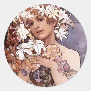 Pegatina Redonda Alfons Mucha: Flor