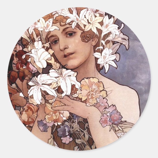 Pegatina Redonda Alfons Mucha: Flor (Anverso)