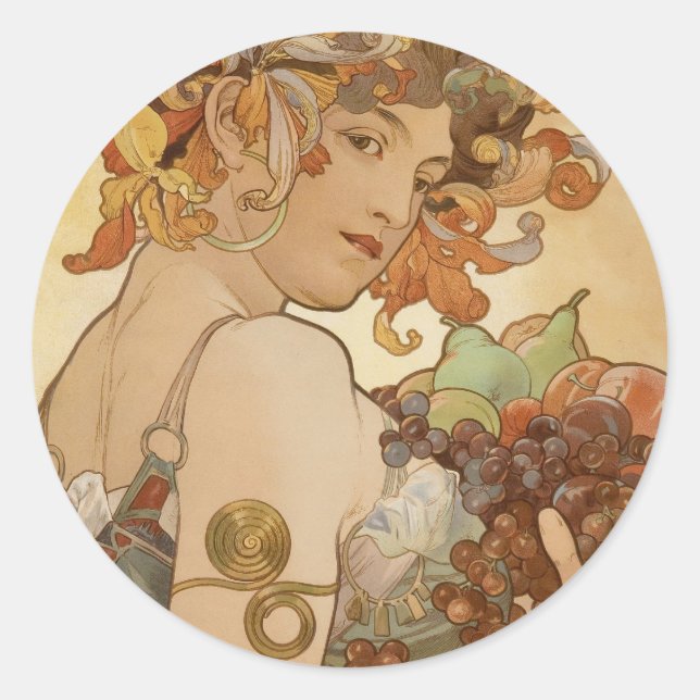 Pegatina Redonda Alfons Mucha - Fruta (Anverso)