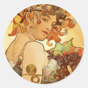 Pegatina Redonda Alfons Mucha: Fruta