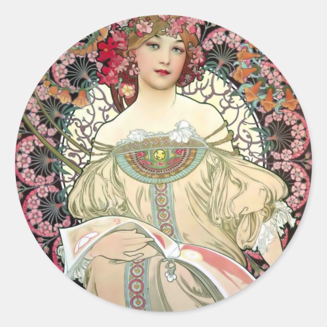 Pegatina Redonda Alfons Mucha Reverie 1897 (Anverso)
