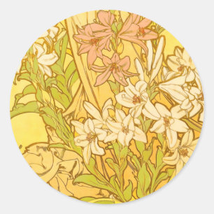 Pegatina Redonda Alfonse Mucha Flores de lirio Art Nouveau