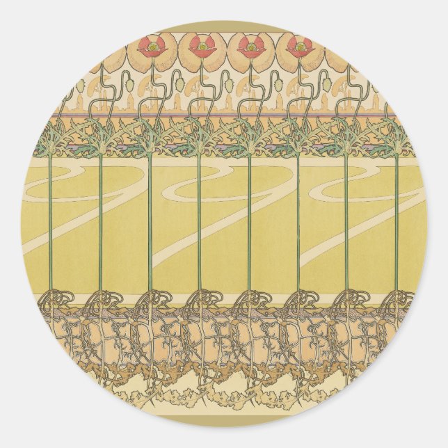 Pegatina Redonda Alfonse Mucha Poppies Art Nouveau Floral Wallpaper (Anverso)