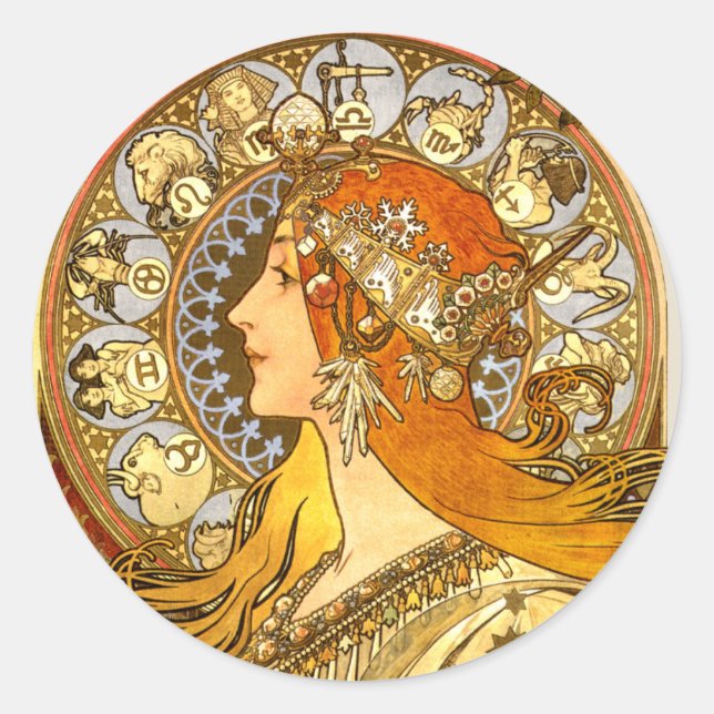 Pegatina Redonda Alfonse Mucha Zodiac Art Nouveau Mujer (Anverso)