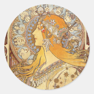 Pegatina Redonda Alfonse Mucha Zodiac Art Nouveau Mujer