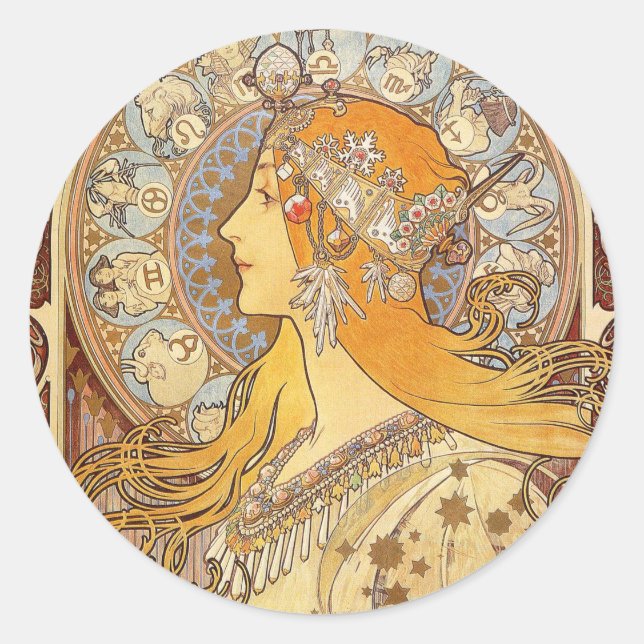 Pegatina Redonda Alfonse Mucha Zodiac Art Nouveau Mujer (Anverso)