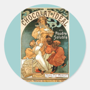 Pegatina Redonda Alfonso (Alfons) Mucha Chocolat Ideal
