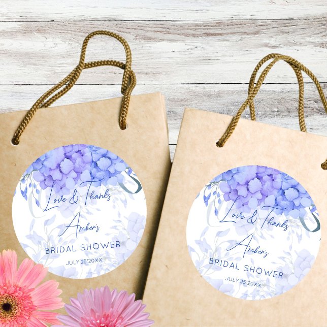 Pegatina Redonda Algo azul hydrangea ducha de novia impresa (Something blue hydrangea bridal shower printed thank you favor sticker bridal shower favors)