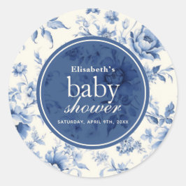 Pegatina Redonda Algo de Blue Floral French Toile Baby Shower