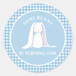 Pegatina Redonda Algún conejito es uno Cumpleaños de gingham azul