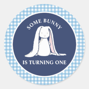 Pegatina Redonda Algún conejo es uno azul Gingham Cumpleaños