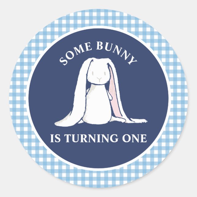 Pegatina Redonda Algún conejo es uno azul Gingham Cumpleaños (Anverso)