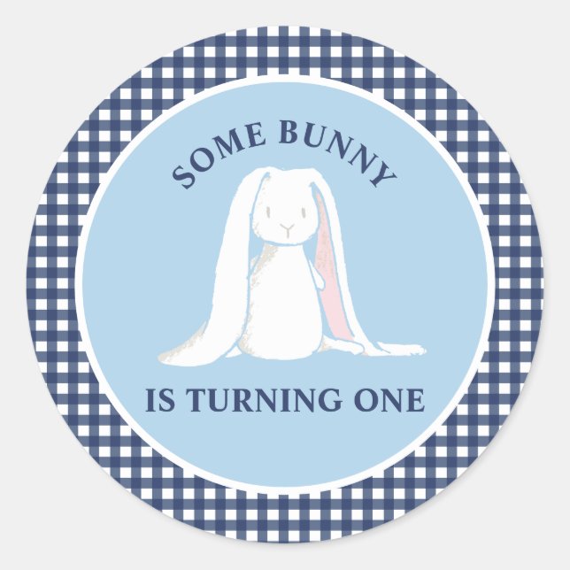 Pegatina Redonda Algún conejo es uno azul Gingham Cumpleaños (Anverso)