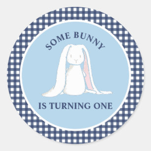 Pegatina Redonda Algún conejo es uno azul Gingham Cumpleaños