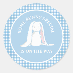 Pegatina Redonda Algunas duchas de bebé de gingham azul Bunny