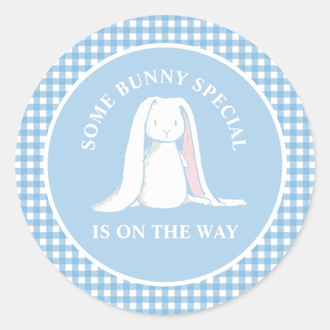 Pegatina Redonda Algunas duchas de bebé de gingham azul Bunny (Anverso)