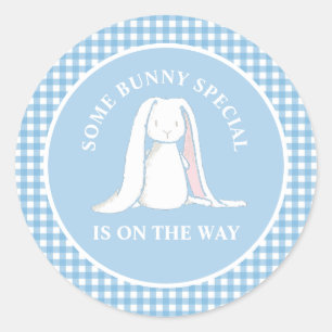 Pegatina Redonda Alguno conejo azul gingham baby shower