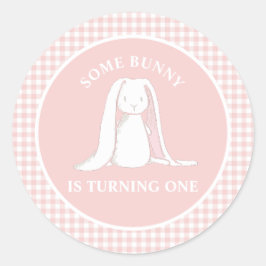Pegatina Redonda Alguno Conejo es uno Cumpleaños de Pink Gingham Pl