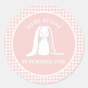 Pegatina Redonda Alguno Conejo es uno Cumpleaños de Pink Gingham Pl