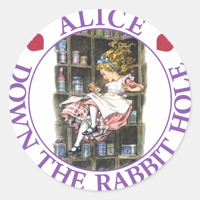 PEGATINA REDONDA ALICE BAJO EL AGUJERO DEL RABBIT (Anverso)